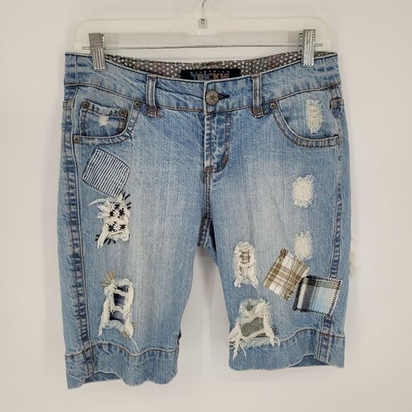 Something Trickie Juniors 7 distressed plaid Patchwork medium wash blue shorts - Picture 10 of 10